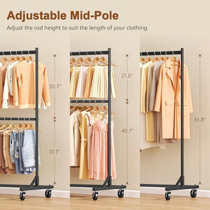 Hoctieon Double Rod Z Rack, Rolling Clothes Racks with Z-Base, Adjustable Clothing Rack, Standing Clothes Rack, Metal Clothing Racks for Hanging Clothes, Portable Garment Rack, Black - color: Black (1 Pack)
