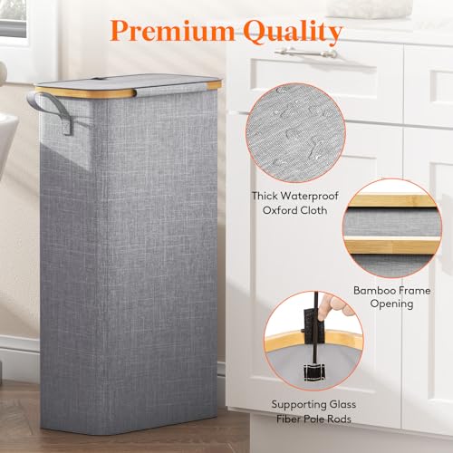 Lifewit 65L Slim Laundry Hamper with Lid and Removable Bag, Gray - color: Gray, size: 65L