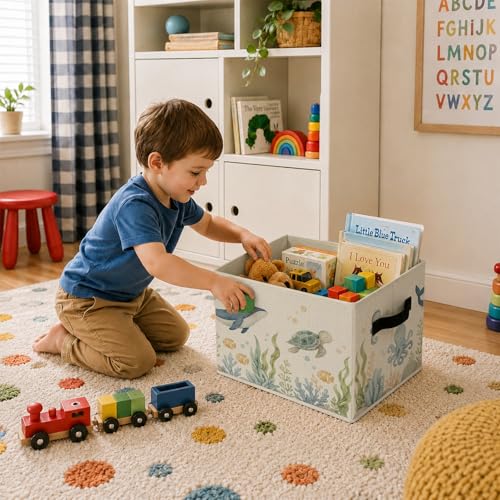 Ocean Nursery Foldable Storage Bins with Handles, Ocean Animal Decorative Storage Basket for Organizing Clothes Tools Books, Nautical Whale Turtle Gift for Boys Girls Playroom Nursery Bedroom - color: Ocean