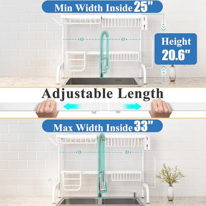 Over The Sink Dish Drying Rack, Adjustable (25.5 to 36.5 inch) 2 Tier Metal Steel Dish Drying Racks for Kitchen Counter with Hooks Paper Towel Utensil Cup Holder Sink Caddy (White) - color: White