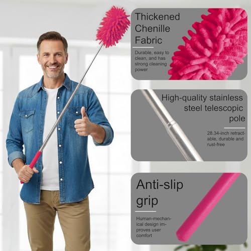 Microfiber Feather Duster with 29 in Telescoping Pole and Bendable Head for Ceiling Fans, Ceilings, Blinds, Furniture and Cars, Pink - color: Pink