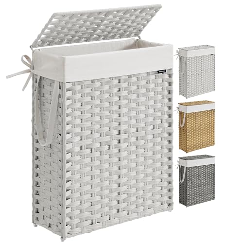 SONGMICS Laundry Hamper with Lid, 14.5 Gal (55 L) Synthetic Rattan,Foldable - color: Cloud White, size: 55 L