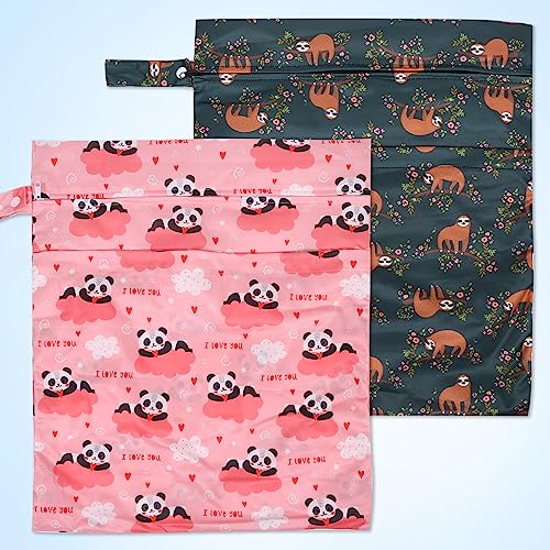 2pcs Travel Waterproof Laundry Bag, Cloth Diaper Wet Dry Bags with Handle & 2 Zipper Pockets, Reusable Washable Dirty Clothes Bag for Baby Adult Travelling Hanging, Bathing Beach Pool Daycare - color: Panda & Sloth