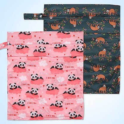 2pcs Travel Waterproof Laundry Bag, Cloth Diaper Wet Dry Bags with Handle & 2 Zipper Pockets, Reusable Washable Dirty Clothes Bag for Baby Adult Travelling Hanging, Bathing Beach Pool Daycare - color: Panda & Sloth