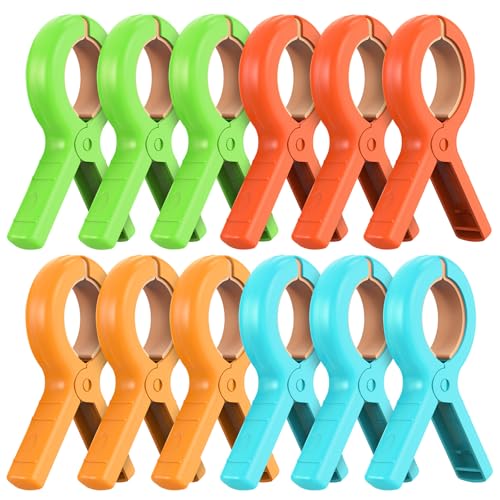 Senbowe 12 Pcs Beach Towel Clips for Beach Chairs, Towel Holder Clips for Chair Pool on Cruise,Heavy Duty Clothes Pins, Plastic Strong Beach Chair Clips to Keep Your Towel from Blowing Away,4 Colors - color: Red, Blue, Green, Orange (3.7 Inch)