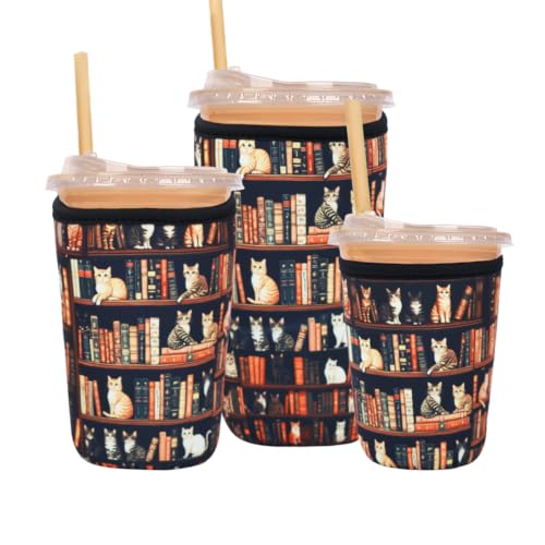 Reusable Insulated Neoprene Iced Coffee Cup Sleeve, Durable Drink Sleeve for Cold Beverages, Beverage Holder for Iced Coffee (Cat Library) - color: Cat Library