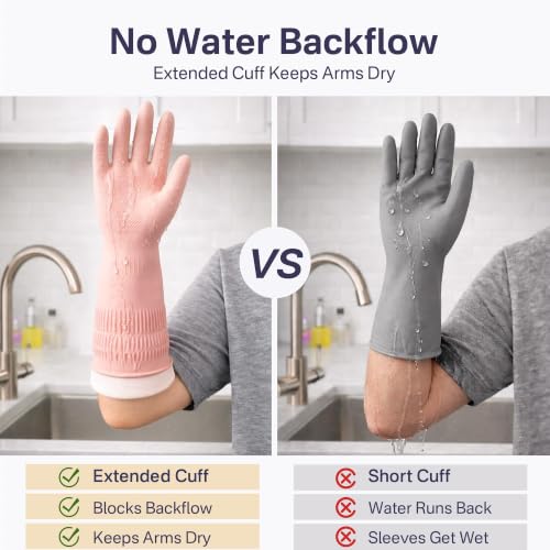 Rubber Dishwashing Gloves, Reusable Cleaning Gloves with Long Cuffs - color: Pink (3 Pairs), size: Small