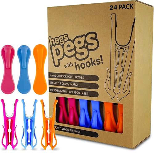 Hegs 24 Pack Multi-Color - The Smartest Heavy Duty Clothespins with Hooks - Hang 3 Garments at Once with Our Tough, Dual Hooks Clothes Pins with Anti-Rust Spring - Durable, Colorful Clothespins - color: 24 Pack (Multi)