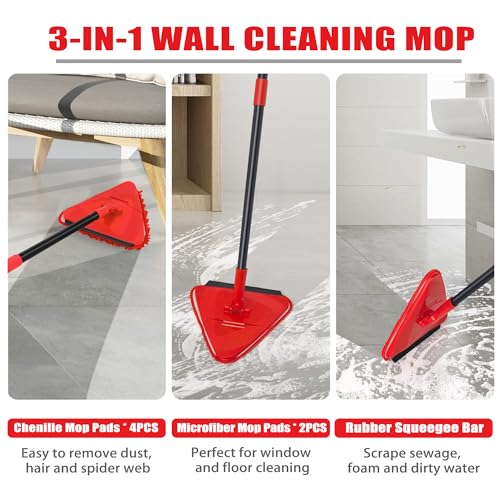 NEWE Wall Mop Cleaner, 80 inches Long Handle, 180° Folding Ceiling Cleaning Tool with Squeegee for Washing Painted Walls, Triangle Baseboard Scrubber with 3 Chenille Duster and 3 Microfiber Pads (Red) - color: Red