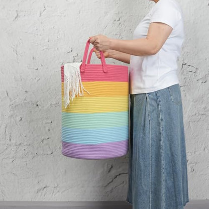 Woven Cotton Rope Laundry Basket, 15" x 20" Laundry Hamper, Rainbow - color: rainbow, size: Regular