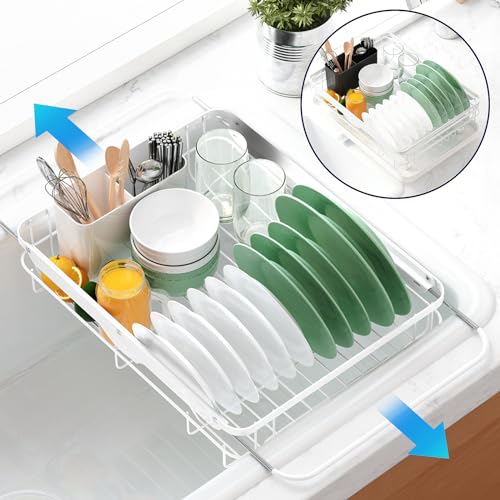 Kitsure Dish Drying Rack for Kitchen Counter, 12.2''W x 15.7''~23''L, White - color: White, size: 12.2''W x 15.7''~23''L - 1 Tier