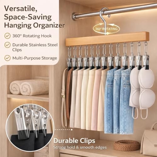 Pure Wood Rotating Closet Organizer with 12 Clips, Legging Hangers for Closet Organizer- 360 Rotating Metal Clips with Silicone Lining, Space Saving Hanging for Jeans Skirts Socks (1)