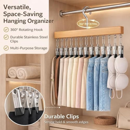 Pure Wood Rotating Closet Organizer with 12 Clips, Legging Hangers for Closet Organizer- 360 Rotating Metal Clips with Silicone Lining, Space Saving Hanging for Jeans Skirts Socks (1)