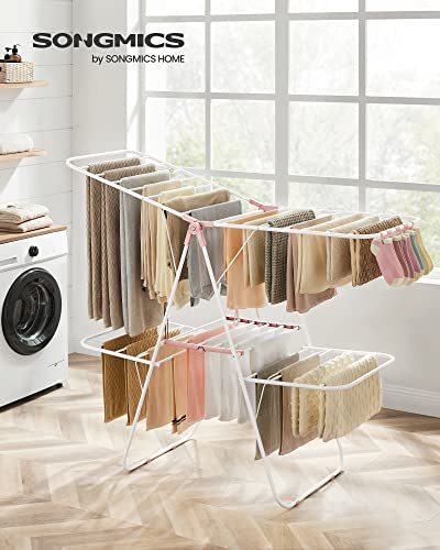 SONGMICS Clothes Drying Rack, Foldable 2-Level Stee Laundry Drying Rack - color: White + Pink, size: 2 Tiers（22"D x 61.8"W x 64.3''H )