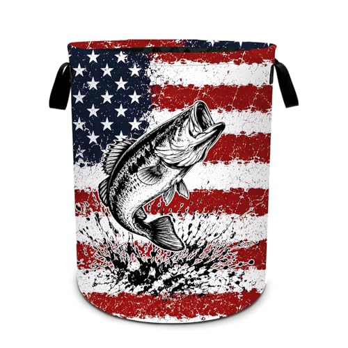 Fish Bass Laundry Basket Collapsible Oxford Laundry Hamper Clothes Storage Bin with Handles for Bedroom Bathroom Laundry Room 19.6 x 15.7 Inches - color: Fish Bass