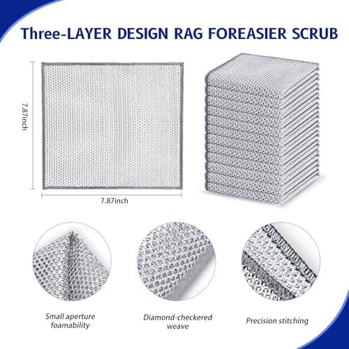 Wangjinpeng 12PK 3-Layer Non-Scratch Wire Dishcloths, 7.87 x 7.87 in - color: 12pcs Triple Layer Silver, size: 7.87x7.87-12pcs