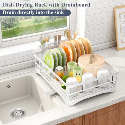 SAYZH Dish Drying Rack for Kitchen Counter with Utensil Holder, White - color: White