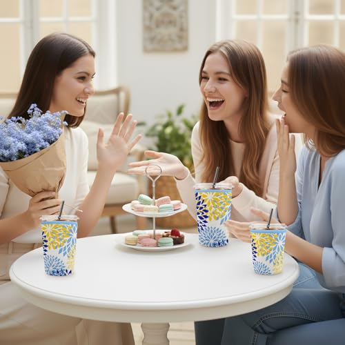 Iced Coffee Sleeve Reusable Neoprene Cup Sleeves, Blue Flower - color: Blue Yellow Flower