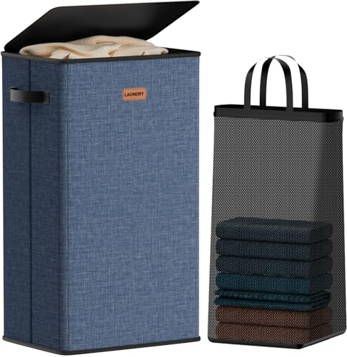 100L Laundry Hamper with Lid, Large Clothes Hampers with Removable Bag, Collapsible Laundry Basket for Bathroom, Bedroom, Laundry Room, Dorm, Navy Blue - color: Navy Bule, size: 26.4 Gal - 1 Section