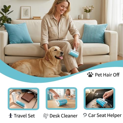 Reusable Lint Roller for Pet Hair – Washable Sticky Picker Set, 2-in-1 Portable & Standard Roller, Eco-Friendly No Refills, Removes Dog & Cat Fur from Clothes, Couch, Car (Blue) (Pack of 2) - size: Medium + 1 Travel Size (Pack of 2)