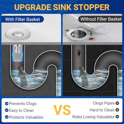 2PCS Bathroom Sink Stopper Strainer, Pop-Up Bathroom Sink Drain Strainer with Removable Stainless Steel Hair Catcher Basket, Universal Fit for US Bathroom Sinks, Bathtubs, Showers & Floor Drains - color: 2pcs
