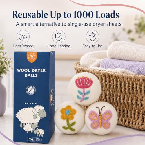 Wool Dryer Balls Handmade 3 Pack XL,Laundry Dryer Balls,100% New Zealand Wool Fabric Softener,Reusable 1000 Loads,Wrinkles Free, Shorten Drying Time,Baby Safe (3 Pack XL,Garden Friends) - color: Garden Friends