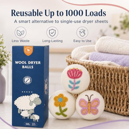 Wool Dryer Balls Handmade 3 Pack XL,Laundry Dryer Balls,100% New Zealand Wool Fabric Softener,Reusable 1000 Loads,Wrinkles Free, Shorten Drying Time,Baby Safe (3 Pack XL,Garden Friends) - color: Garden Friends