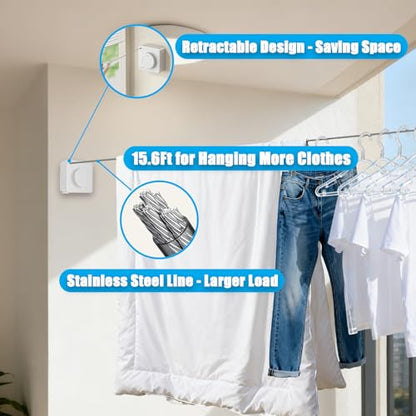 Retractable Clothesline Indoor Outdoor Non-Sag 16.2Ft Stainless Line(White) - color: White