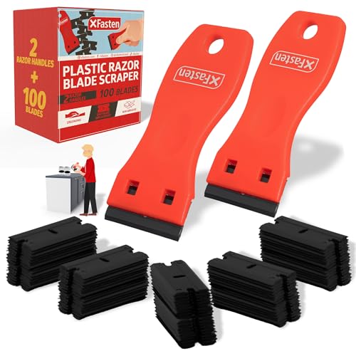 XFasten Plastic Razor Blade Scraper Tool 2PCS Sticker Scraper Tool with 100PCS Plastic Razor Blades, Plastic Scraper Tool for Glass, Plastic Scrapers Non Scratch for Decal Adhesive Sticker