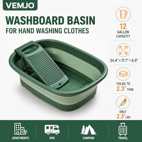 12 Gallon Collapsible Wash Basin with Detachable Washboard, Extra Large Foldable Utility Bucket with Dual Drain Plugs, Portable Household Cleaning Tub for Laundry, Mopping, RV, Camping & Travel