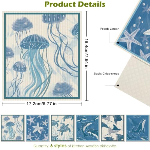 6 Pcs Swedish Paper Cloths for Kitchen, Reusable Paper Towels Washable - color: Deep Blue Sea Creatures