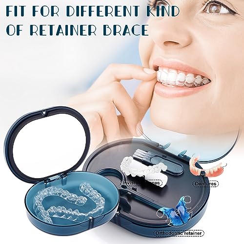 New Double-layer Retainer Storage Case with Belt Chewing,Removal Tool,Cleaning Brush,Built in Mirror Orthodontic Retainer Case - color: blue