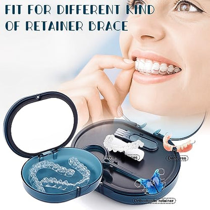 New Double-layer Retainer Storage Case with Belt Chewing,Removal Tool,Cleaning Brush,Built in Mirror Orthodontic Retainer Case - color: blue