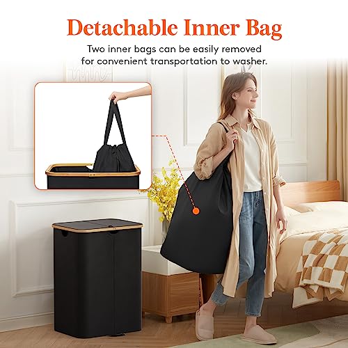 Lifewit 150L Double Laundry Hamper with Lid and Removable Bag, Black - color: Black, size: 150L