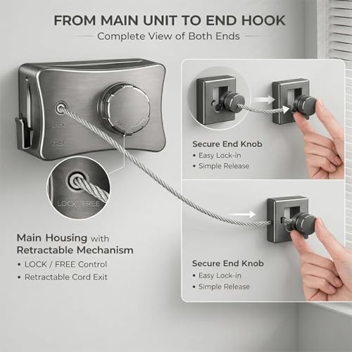 Retractable Clothesline Indoor Outdoor - Max Load 44 lbs, Heavy Duty Clothes Line for Indoors & Outside, 16.7ft Non-Sagging Laundry Line, Tendedero de Ropa Retractil, Clothing Drying Line - Grey - color: Gray