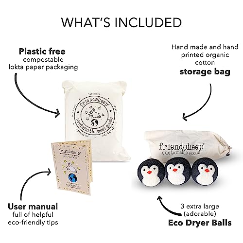 Friendsheep Wool Dryer Balls, Organic Reusable Fabric Softener Alternative for Laundry, Handmade, Fair Trade, Hypoallergenic, Eco-Friendly, Plastic-Free (3 Pack XL – Penguin) - color: Penguin Trio, size: 1 Count (Pack of 3)