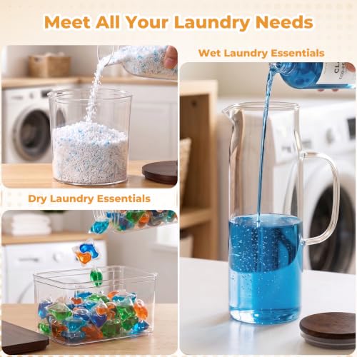 Acrylic Laundry Pod Containers and Dryer Sheet Holder & Glass Laundry Detergent Dispenser with Handle, Labels, and Spoons, for Laundry Room Organization and Storage (4 Pack, Brown) - color: Brown