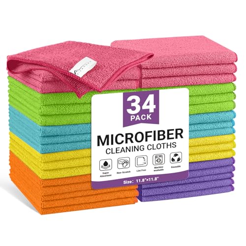 34 Pack Microfiber Cleaning Cloth, 6 Assorted Colors Cleaning Rags for Housekeeping, Colorful Reusable Microfiber Towels for Car, Kitchen, Bathroom and Household Cleaning Supplies, 11.8"X11.8" - color: D.6 Assorted Colors, size: 1 Count (Pack of 34)