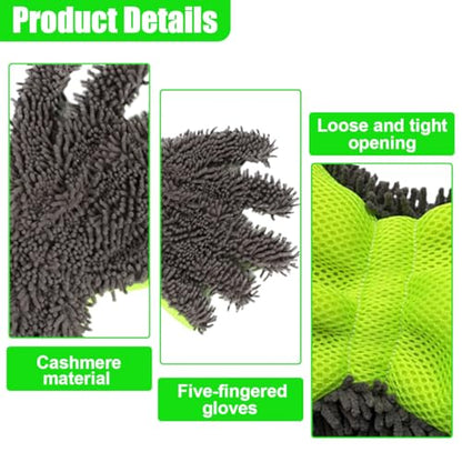 2PCS Microfiber Car Wash Mitts, Double-Sided 5-Finger Dusting Gloves, Anti-Scratch Chenille Drying Towel, Vehicle Interior & Exterior Detailing Tool for Cleaning Wheel Tight Spot (Gray) - color: Gray