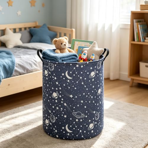 Foldable Waterproof Round Fabric Laundry Basket Home, Blue Starry Sky - color: Round-blue-starry sky