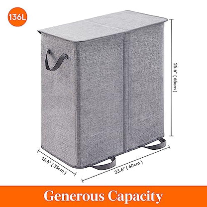 Lifewit Double Laundry Hamper with Lid, Removable Laundry Bags, Gray - color: Gray, size: 136L