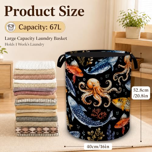Ocean Fish Octopus Decorative Laundry Hamper, Tall Foldable Oxford Clothes Basket with Handles, Lightweight Dirty Clothes Holder for Bedroom Bathroom Laundry Room - color: Ocean Fish Octopus