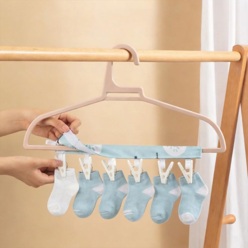 1pc Tree Print Foldable Travel Hanger Portable Fabric Space Saving Hanging Clothes Drying Rack with 6 Clips and Hook Loop Fastener - color: L-blue
