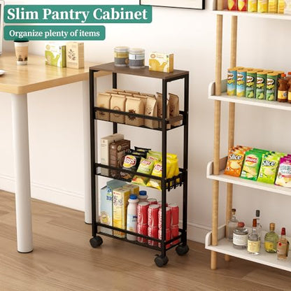 4-Tier Slim Utility Rolling Laundry Cart with Wheels, Black - color: Black, size: 7.2''