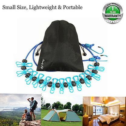 Adjustable Elastic Clothesline with Clips and Positioning Balls Portable Retractable Windproof Laundry Hanging Rope Anti-Skid Washing Line with Drawstring Bag (Dark Blue) - color: Dark Blue