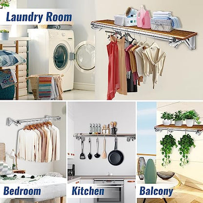 TBMLC Foldable Wall Mounted Clothes Rack- 44'' Long Rod & 2 Thick Bases - style: 44 inches length