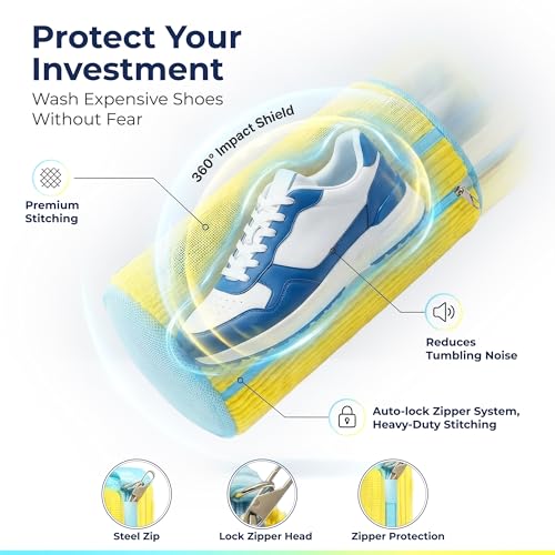Shoe Washing Machine Bag (2 Pack) – 360° Thick Protection, Highly Durable Mesh Sneaker Washer w/Zipper Lock & Side Pockets – Deep Cleaning Sneaker Laundry Bag for Spotless Shoes - color: Yellow 2pcs