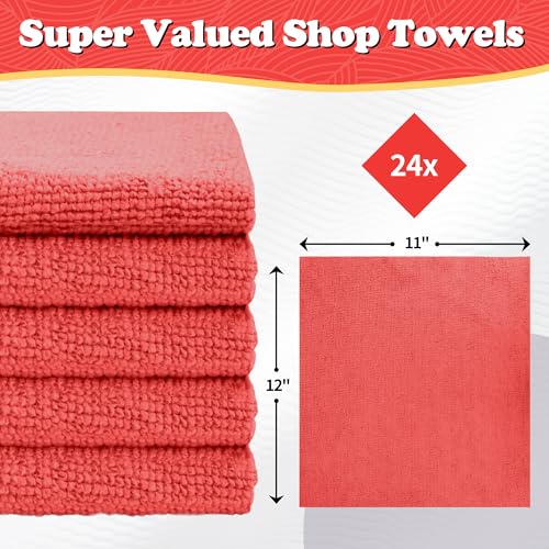 FIXSMITH Microfiber Cleaning Cloth, Shop Towels Bulk, 24 Pack Red Microfiber Towels for Cars, All-Purpose Absorbent Cleaning Rags, Dust Cloth for Automotive, Mechanic, Garage, Bar, 12 x 11 inch - color: Red, size: 24PK