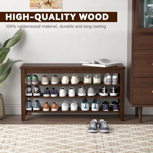 Taitiy Shoe Bench with 3 Tier Adjustable Shelves Rubberwood Entryway 31.5'' - color: Walnut - Wood, size: 31.5''