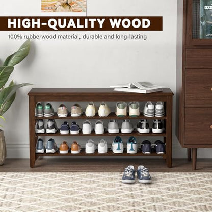 Taitiy Shoe Bench with 3 Tier Adjustable Shelves Rubberwood Entryway 31.5'' - color: Walnut - Wood, size: 31.5''